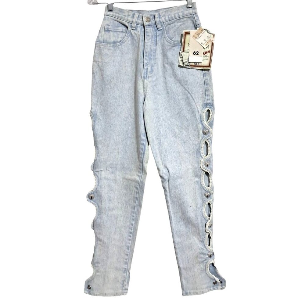 NWT Vintage 80s Stefano Heart‎ Snap Peekaboo Leg Acid Wash Denim Jeans Sz 8